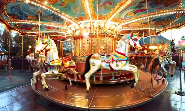 Whimsical carousel with brightly painted horses, Video
