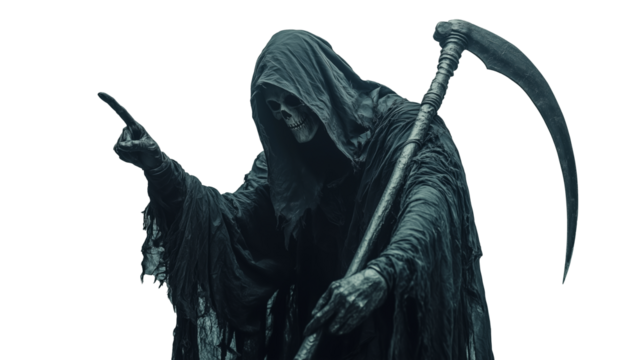 Male person in Halloween grim reaper death costume holding