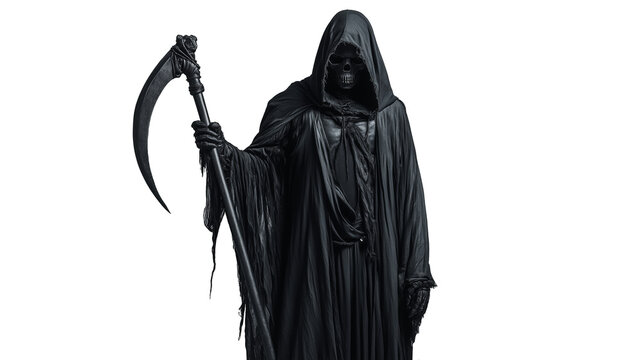 Male person in Halloween grim reaper death costume holding