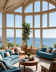 Fototapeta premium A living room that is both luxurious and comfortable, boasting a large window that overlooks the ocean.