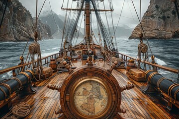 Pirate ship deck scene featuring steering wheel, cannons, black sails, and captain s essentials