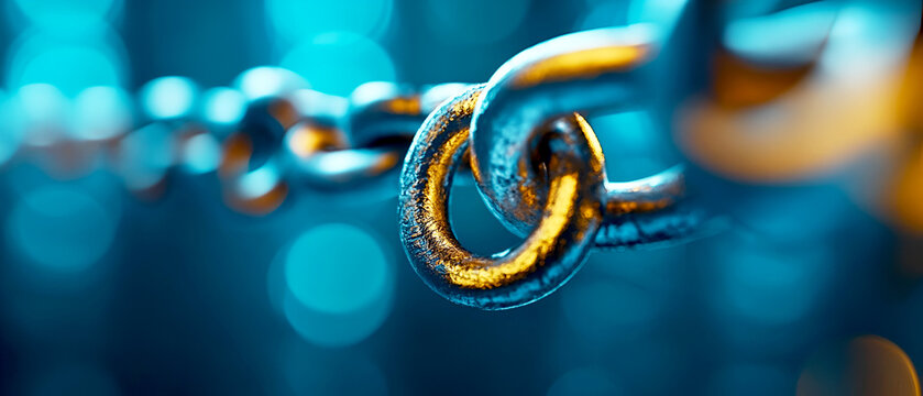 Close-up of a shiny metal chain link, illuminated with a blue background, highlighting its texture and details.