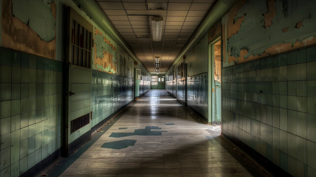Eerie abandoned school with shadowy figures and whispers echoing in the empty halls at night.