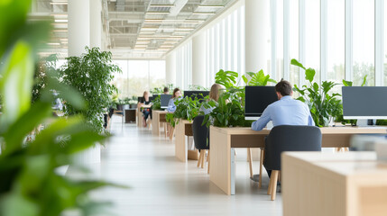 In a nature-inspired startup office, employees rush through their day while surrounded by green plants, solar-powered lights, and furniture made from recycled materials. The office