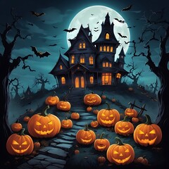 Evil pumpkins Halloween Night Scene with Bats and Haunted House, Halloween haunted mansion Halloween scary scene, Halloween house, Halloween night scene with castle