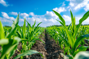 Fototapeta premium Lush green cornfield under a bright blue sky with fluffy clouds, showcasing healthy plants and fertile soil in a rural setting.