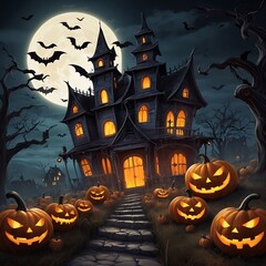 Evil pumpkins Halloween Night Scene with Bats and Haunted House, Halloween haunted mansion Halloween scary scene, Halloween house, Halloween night scene with castle