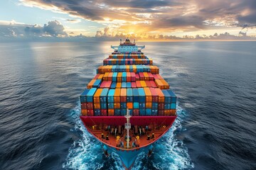 Fototapeta premium Large blue cargo ship in ocean performing import and export operations against a scenic sky