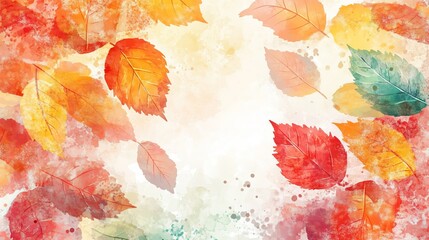 n a vibrant watercolor-style background featuring a variety of autumn leaves in rich, warm colors such as reds, oranges, yellows, and browns. The leaves should be artistically scattered across the ima