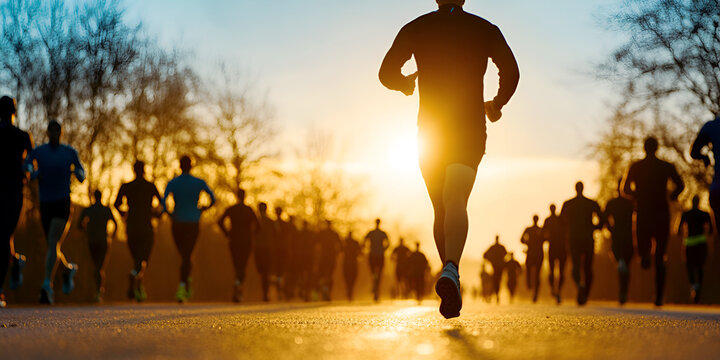 Runner at sunrise with a group of participants in a marathon, showcasing determination and the spirit of competition.