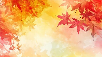 Fototapeta premium n a vibrant watercolor-style background featuring a variety of autumn leaves in rich, warm colors such as reds, oranges, yellows, and browns. The leaves should be artistically scattered across the ima