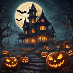 Evil pumpkins Halloween Night Scene with Bats and Haunted House, Halloween haunted mansion Halloween scary scene, Halloween house, Halloween night scene with castle