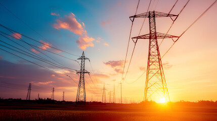 Fototapeta premium Stunning sunset view featuring towering power lines against a colorful sky, symbolizing energy and infrastructure.