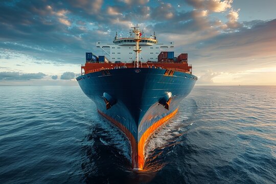 Large blue cargo ship at sea  front view of import and export operations under a beautiful sky