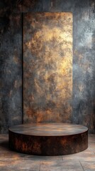 A minimalist bronze platform set against a textured dark wall, ideal for product showcases in a modern interior.