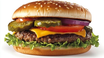 A juicy beef burger and some crispy french fries sit on a wooden table, against a dark background. 