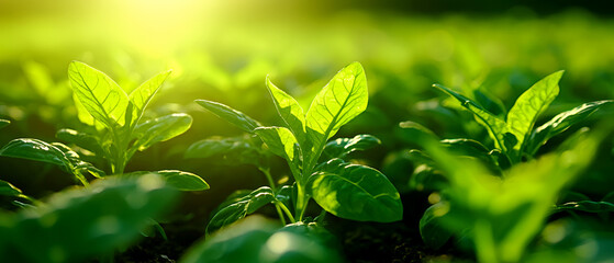 Vibrant green plants basking in soft sunlight, representing growth and nature's beauty in a serene agricultural setting.