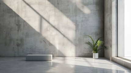 Room with window light shadows, simple design with concrete surfaces. Architecture showroom backdrop.