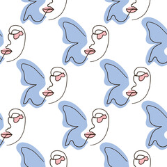 Woman face Continuous line seamless pattern. Abstract Female portrait with Butterfly. Drawing vector Wallpaper, fabric, wrapping paper, card, poster