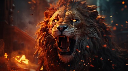 Naklejka premium Roaring mighty fantasy lion with flames and glowing lights