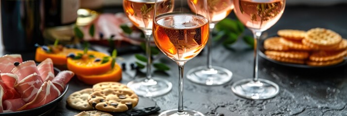 Naklejka premium Glasses of orange and rose wine accompanied by a variety of gourmet snacks.