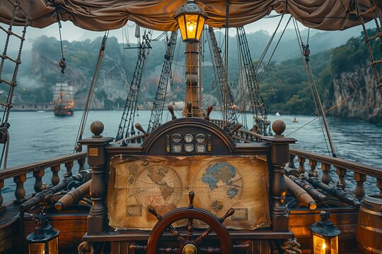 Pirate ship deck scene featuring steering wheel, cannons, black sails, and captain s essentials