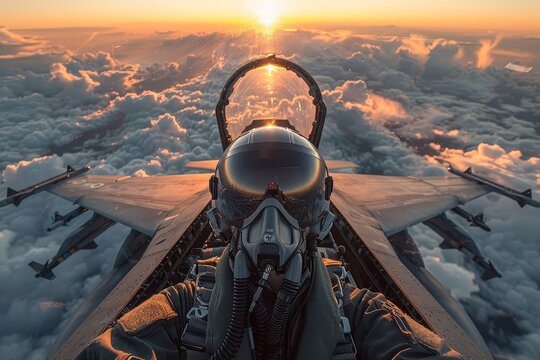 Overview of military fighter cockpit  pilot in action with aerobatic team performing in the sky