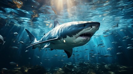 Fototapeta premium School of fish swimming under water of sea. School sardinella fish swims in underwater.