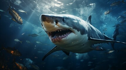 Fototapeta premium School of fish swimming under water of sea. School sardinella fish swims in underwater.