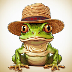 Green coqui frog with straw hat with Puerto Rico on the hat's band