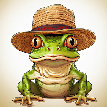 Green coqui frog with straw hat with Puerto Rico on the hat's band