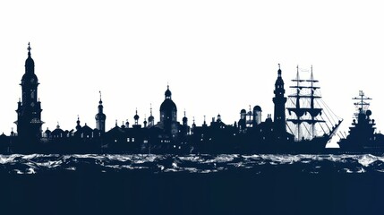 Fototapeta premium Kaliningrad skyline silhouette with historic architecture and ships over water for travel and tourism advertising