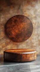 Fototapeta premium An elegant empty leather display stand for a marketplace, featuring a round cushion and wall art, showcasing modern design.