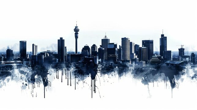 Johannesburg skyline silhouette with artistic splatter effect, cityscape in blue tones, modern urban background