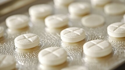 Close-up view of white tablets arranged on a blister pack in daylight