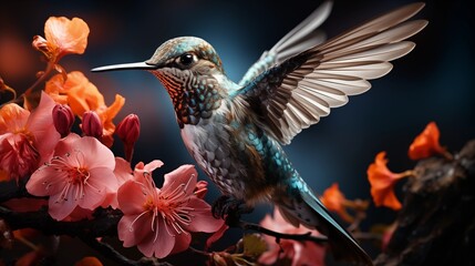 Fototapeta premium small hummingbird with colorful plumage flying near colorful blooming flowers on blurred background