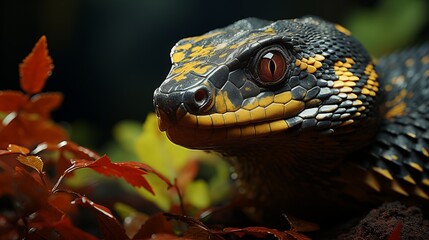 Naklejka premium snake with high detailed head in black and yellow skin with curved body over green blurred background