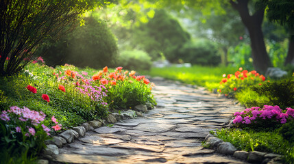 beautiful stone path with flowers around