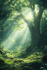 Sunlight filters through dense trees in a serene forest landscape