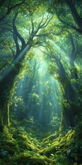 Fototapeta premium Sunlight streams through trees in a serene, majestic forest
