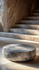 Fototapeta premium An empty round marble display stand, elegantly designed for showcasing products in modern marketplaces.