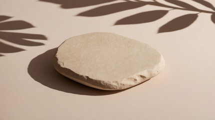 Abstract empty beige stone with leaves shadows on beige background. Soft light, serene and natural atmosphere. Minimalism concept