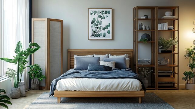 Interior of bedroom with bed, shelving unit and folding screen .generative ai