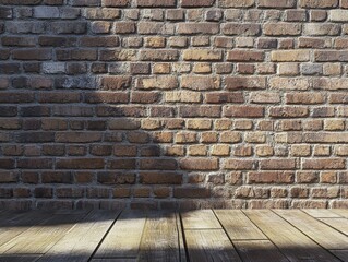 Fototapeta premium Rustic brick wall with wooden floor and natural shadows during daylight