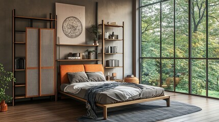 Interior of bedroom with bed, shelving unit and folding screen .generative ai