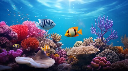 Tropical sea underwater fishes on coral reef. Aquarium oceanarium wildlife colorful marine panorama landscape nature snorkeling diving