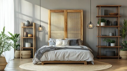 Interior of bedroom with bed, shelving unit and folding screen .generative ai