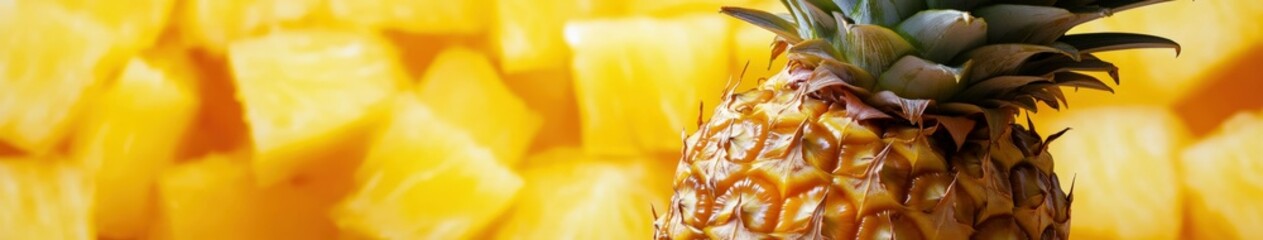 Fototapeta premium Fresh pineapple next to cut pineapple cubes on a bright background