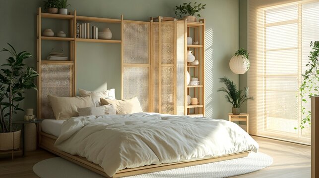 Interior of bedroom with bed, shelving unit and folding screen .generative ai
