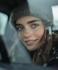 Young woman smiling warmly from inside a cozy car on a winter day